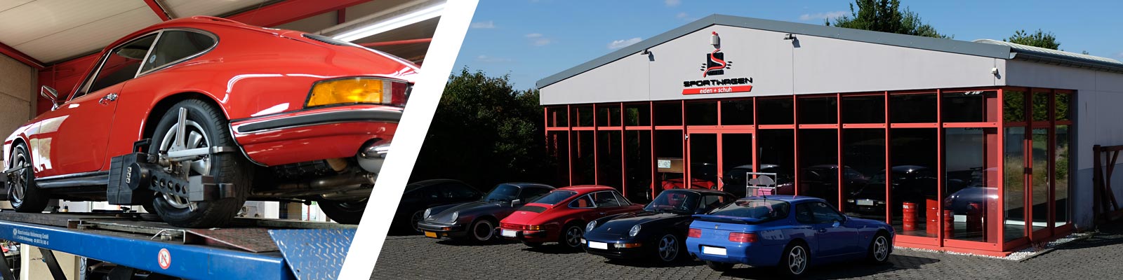 Banner Werkstatt von Außen und Porsche in Reparatur